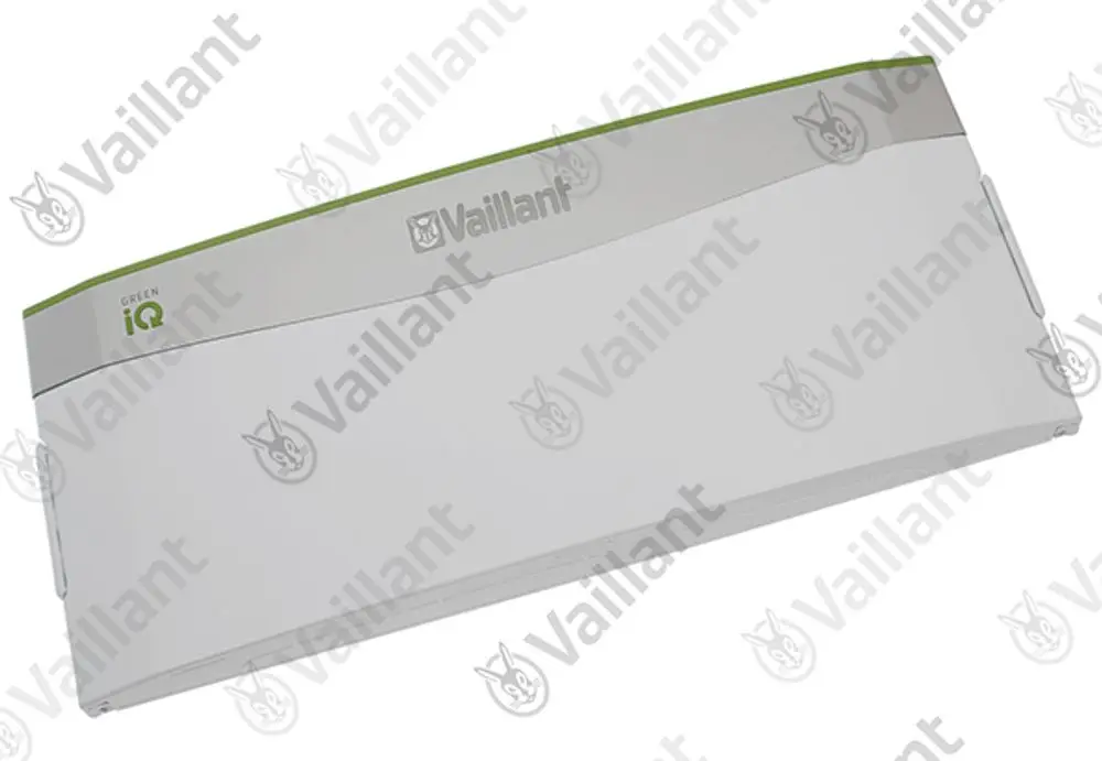 Vaillant Abdeckung in weiß mit grüner Akzentlinie, mit markanten Logos und Schriftzug, zur Verwendung bei spezifischen Geräten des Herstellers.